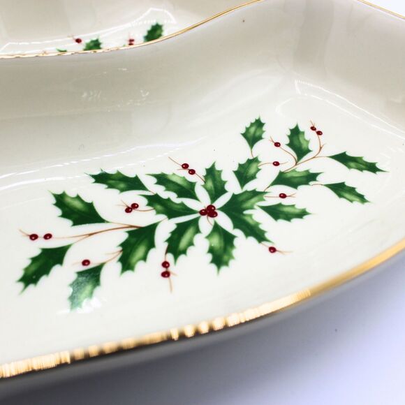 Vintage Lenox Holiday Tree Divided Serving Dish Creamy White with Holly Berries - Picture 3 of 9